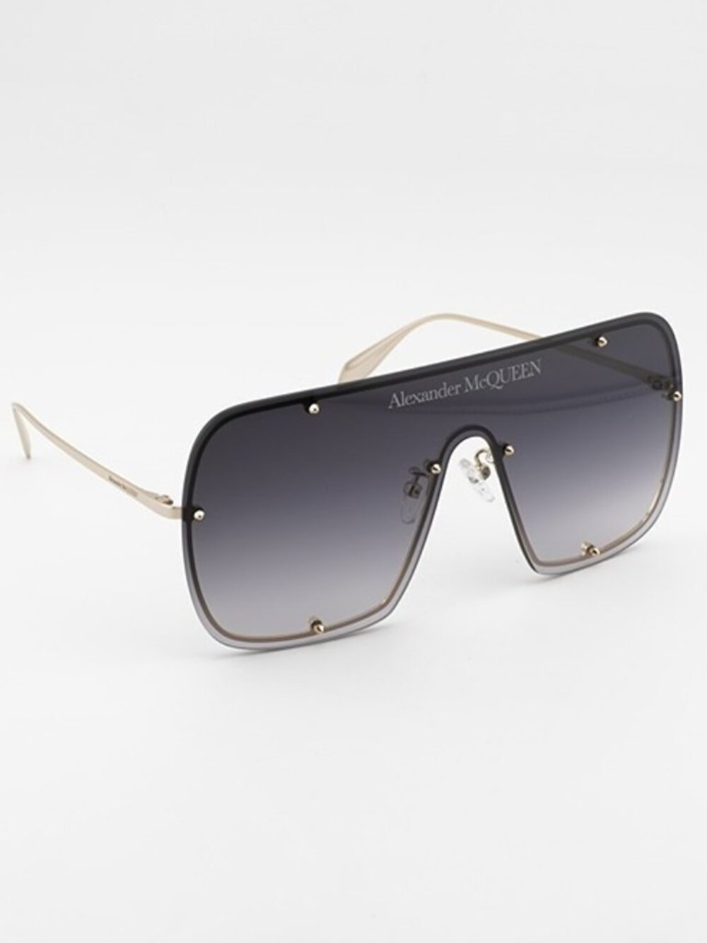 Alexander McQueen AM0362S 003 Unisex Sunglasses Gold Shield Frame, Grey Lenses